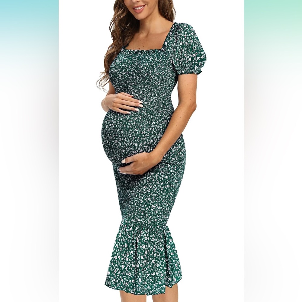 Spring Long Puff Sleeve Maternity Dress Floral Ruffle Mermaid